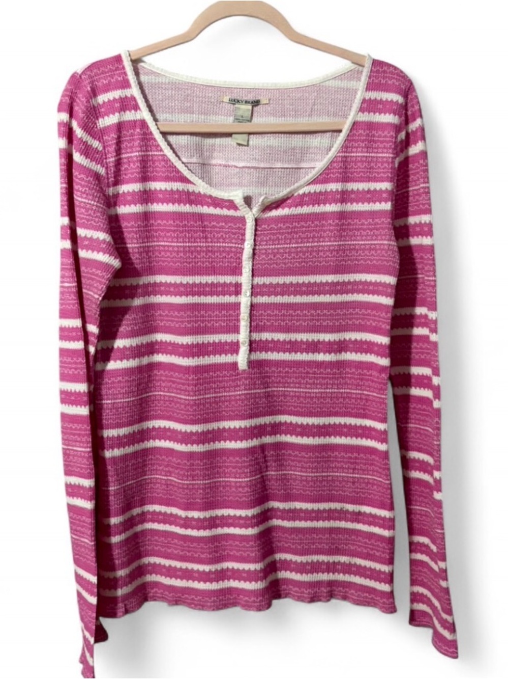 Lucky Brand Pink Striped Long Sleeve Top Size Large Cotton Casual Boho